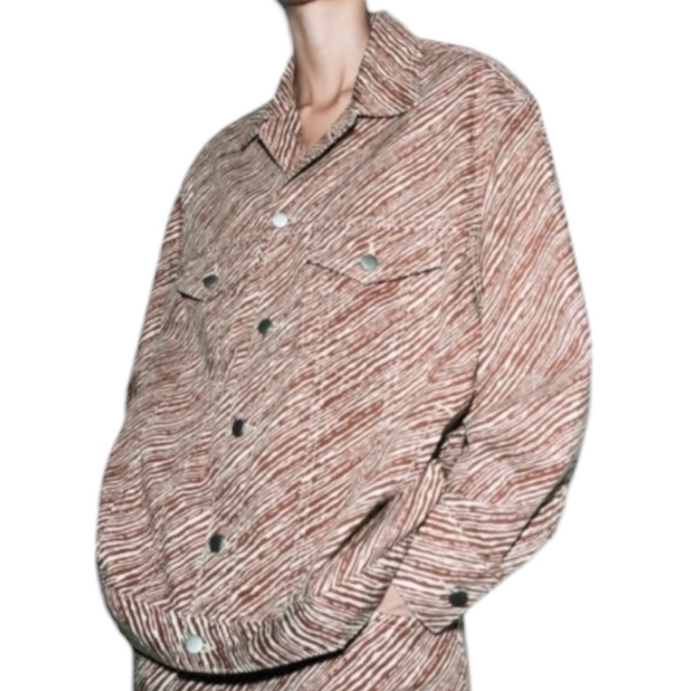 Zara Denim Jacket Cotton Oversized Brown Zebra Print Studio Collection Large